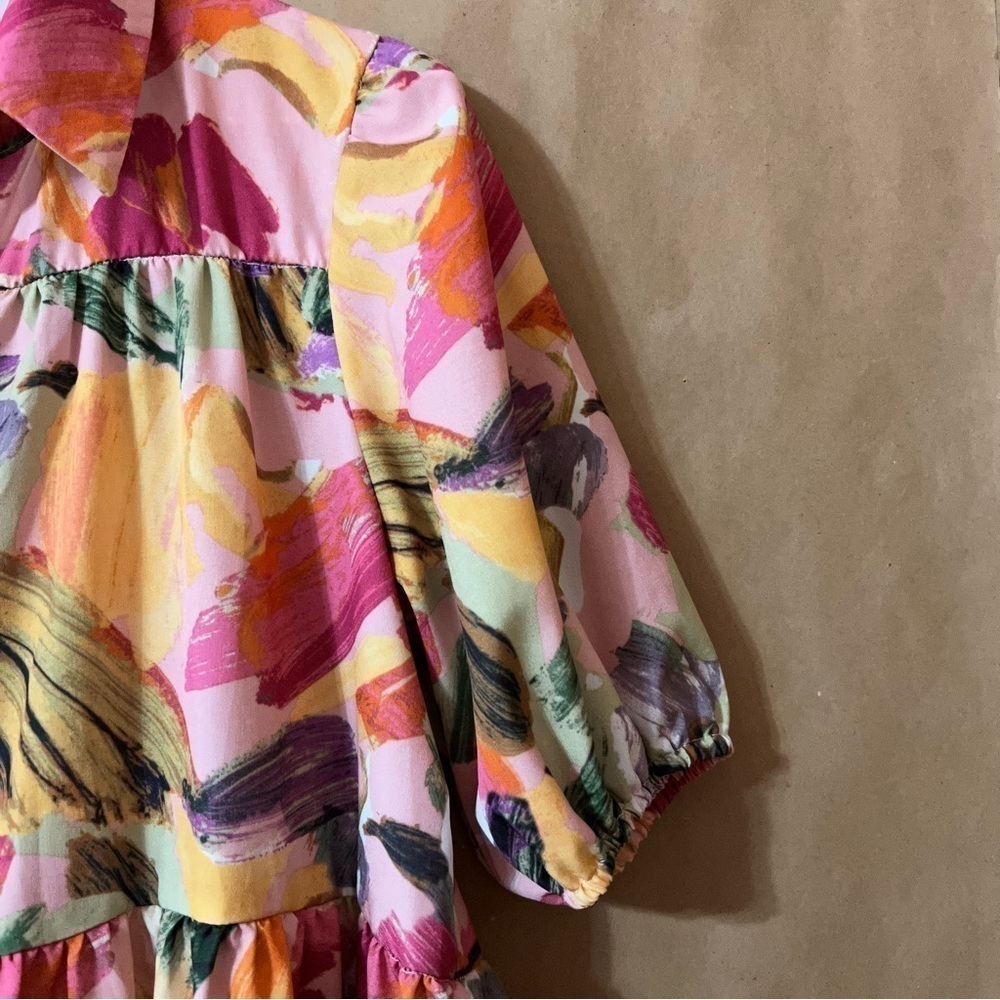 Abstract Watercolor Print Button Front Tiered Popover Mini Shirt Dress Size XS - Picture 6 of 13